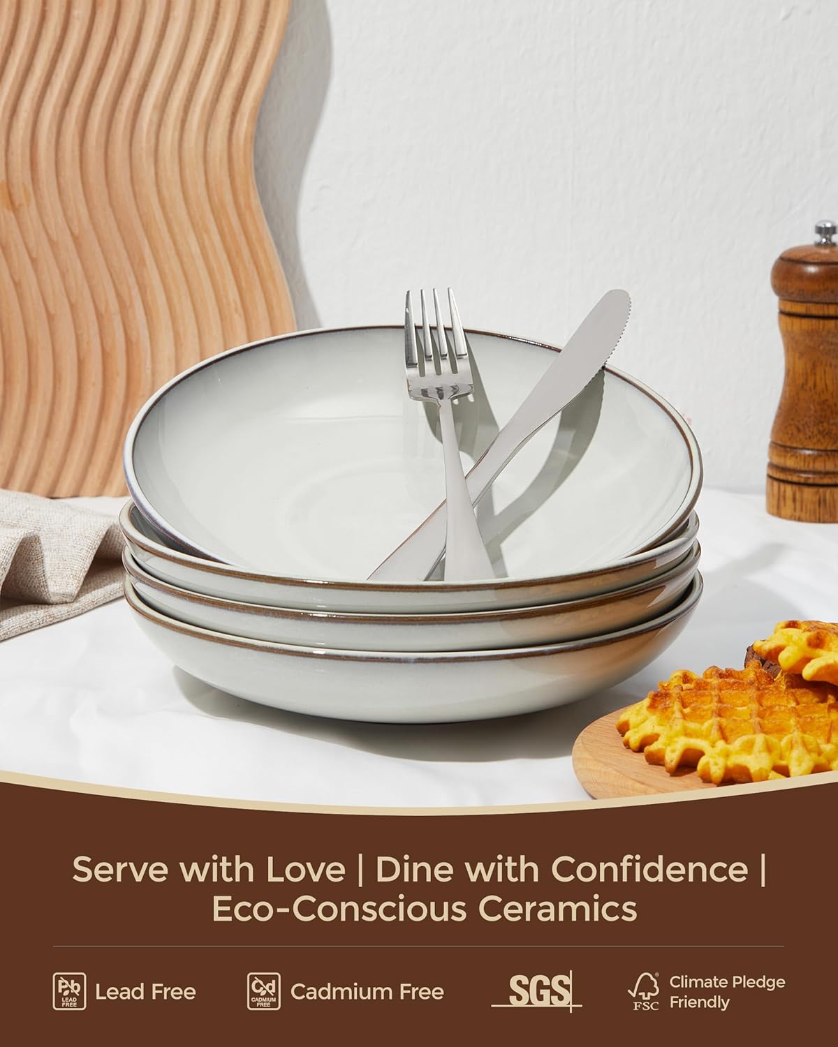 16 Piece Double Bowl Dinnerware Sets with Pasta Bowls, Highly Chip and Crack Resistant Plates and Bowls Sets, Natural Earthyware Ceramic Dishware Sets, Service for 4 Moonstone White