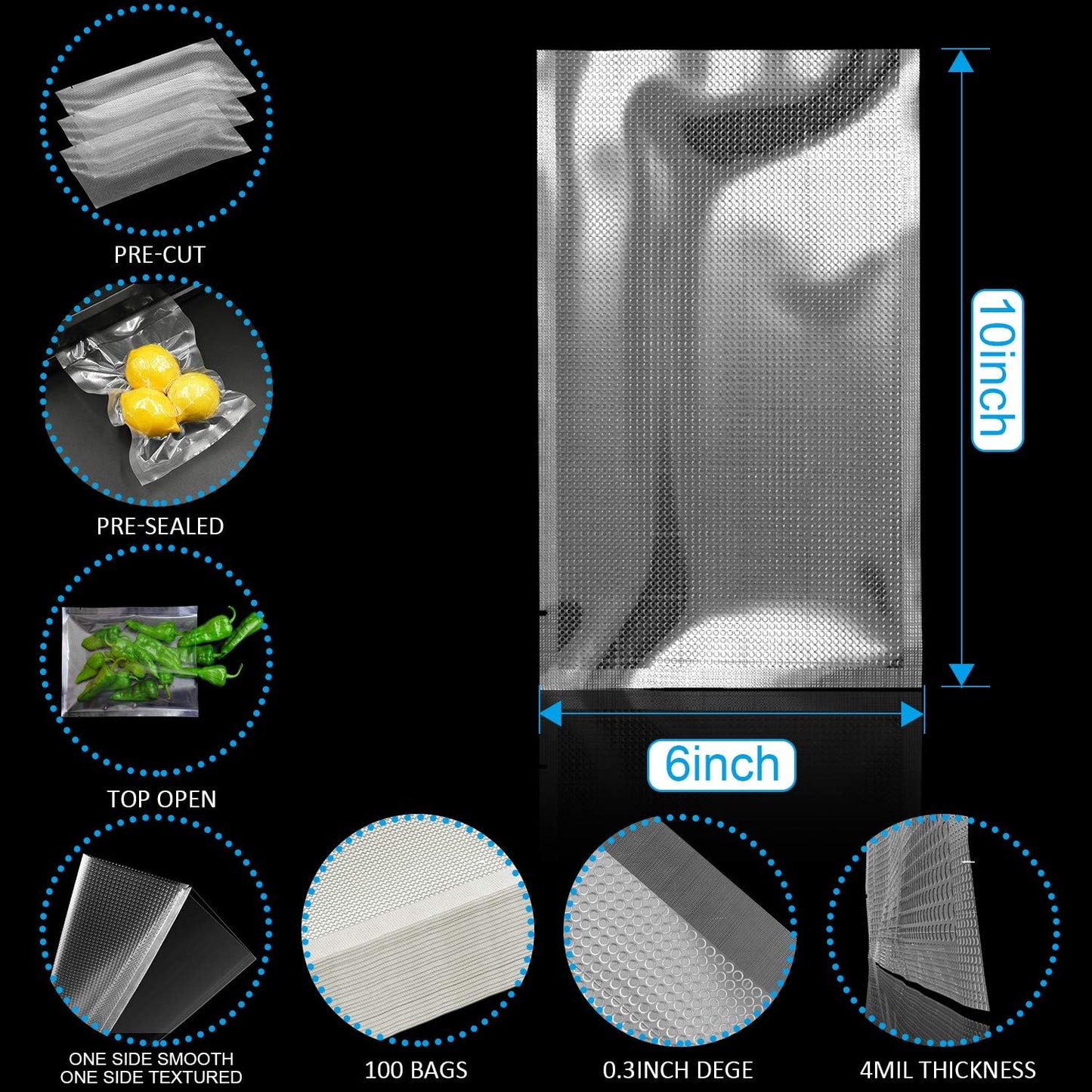 CANLENPK 6×10Inch/15x25cm Vacuum Sealer Bags,Pint SizePrecut Food Storage Bag,Seal Meal Snack Fruit Nut etc,Boil Steam Heat Freeze Safe,Commercial Grade Heavy Duty Sealable Sous Vide Bags(100PCS)