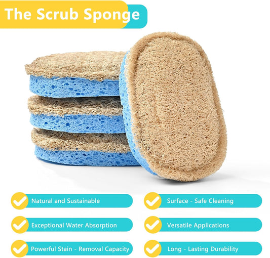 Natural Scrub Sponges Kitchen, Dual-Sided Loofah Dish Sponge - Plastic-Free, Scrubbing Power Without Scratching - 4 Pack Blue