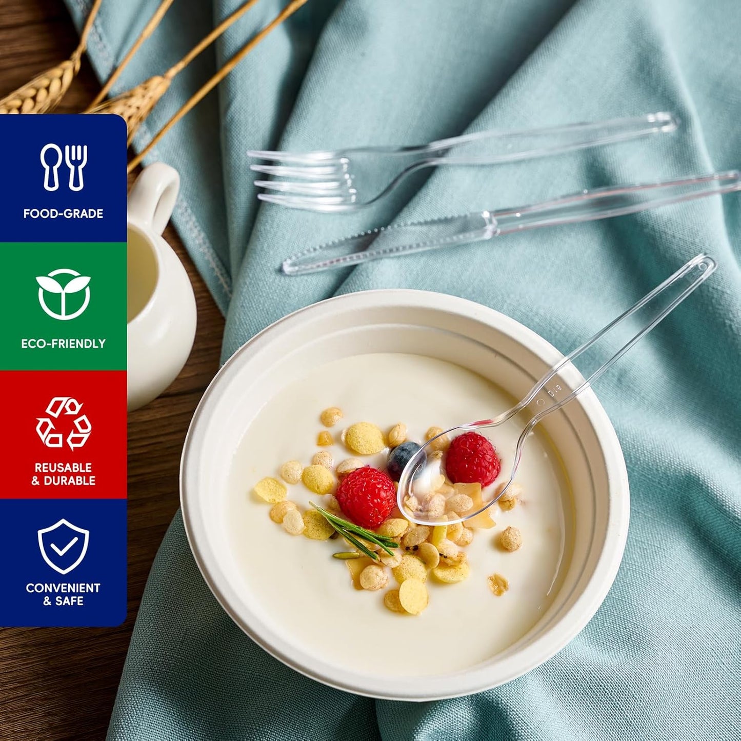 JOLLY CHEF 300 Count Clear Plastic Silverware, 100 Forks, 100 Spoons, 100 Knives, Heavy Duty BPA Free Disposable Plastic Cutlery Set, Plasticware Bulk, Premium Clear Utensils for Party Supplies