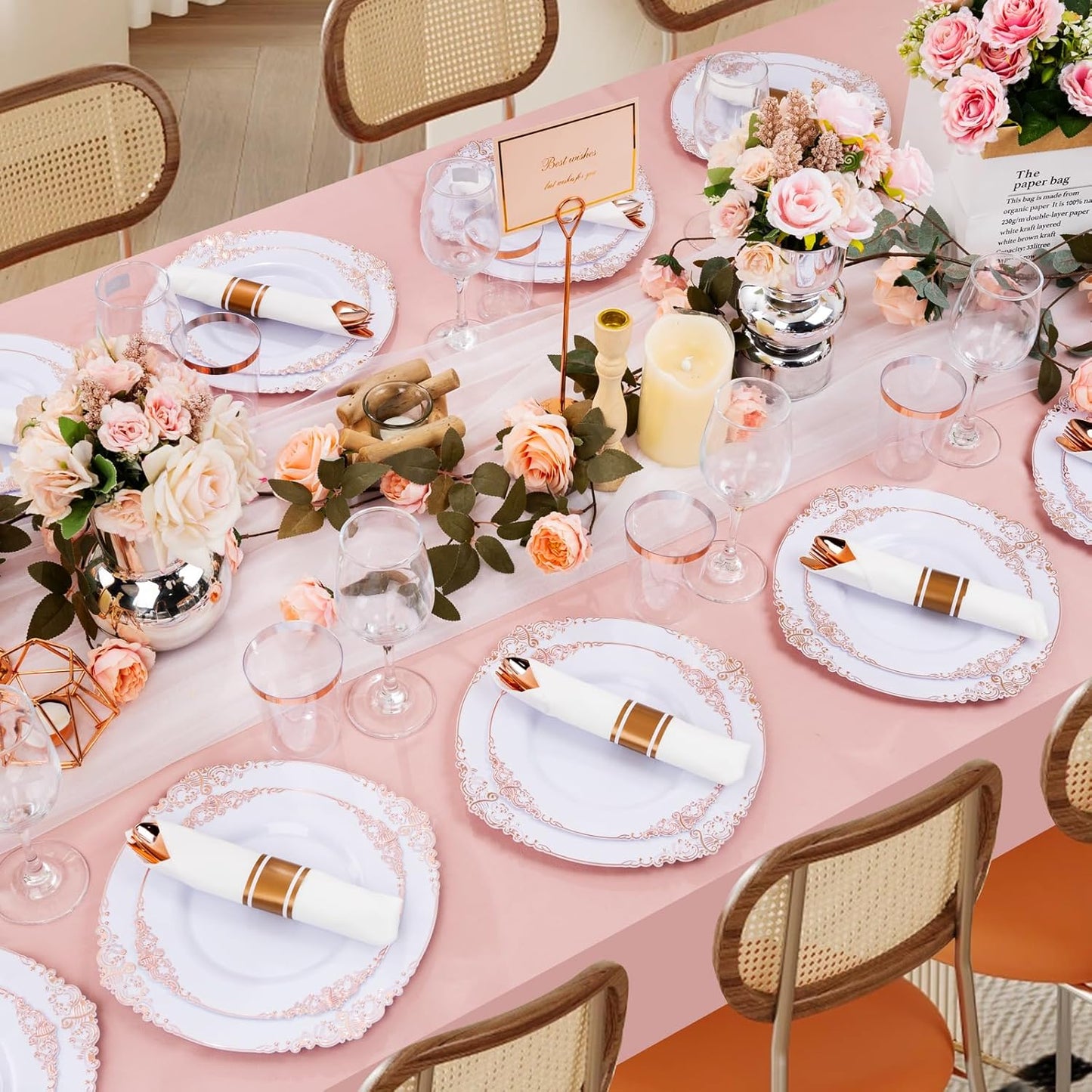 Hioasis 350pcs Rose Gold Plastic Plates - Elegant Disposable Dinnerware Set Suitable for 50 Guests Include 10.25" Dinner & 7.5" Dessert Plates, Pre Rolled Silverware Set, Cups for Party & Thanksgiving