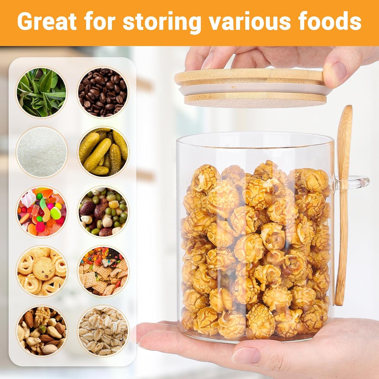 Glass Jars with Bamboo Lids and Spoon - 2 Pack 26 Fl.oz Round Glass Pantry Storage Containers Set, Includes Labels and Marker, Loose Leaf Tea Canister Jar for Sugar, Flour, Beans, Nuts, Oats