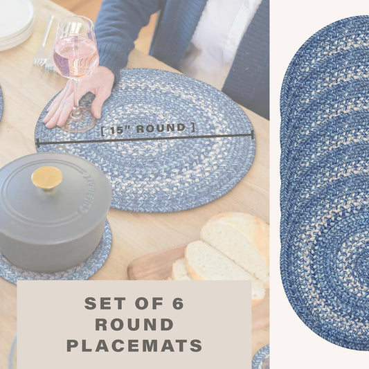 Denim Jute Woven Round Placemats Set of 6, 15", Country Coastal Decor, Blue Table Mats - Vibrant Colors, Durable, Easy to Clean and Protects Furniture