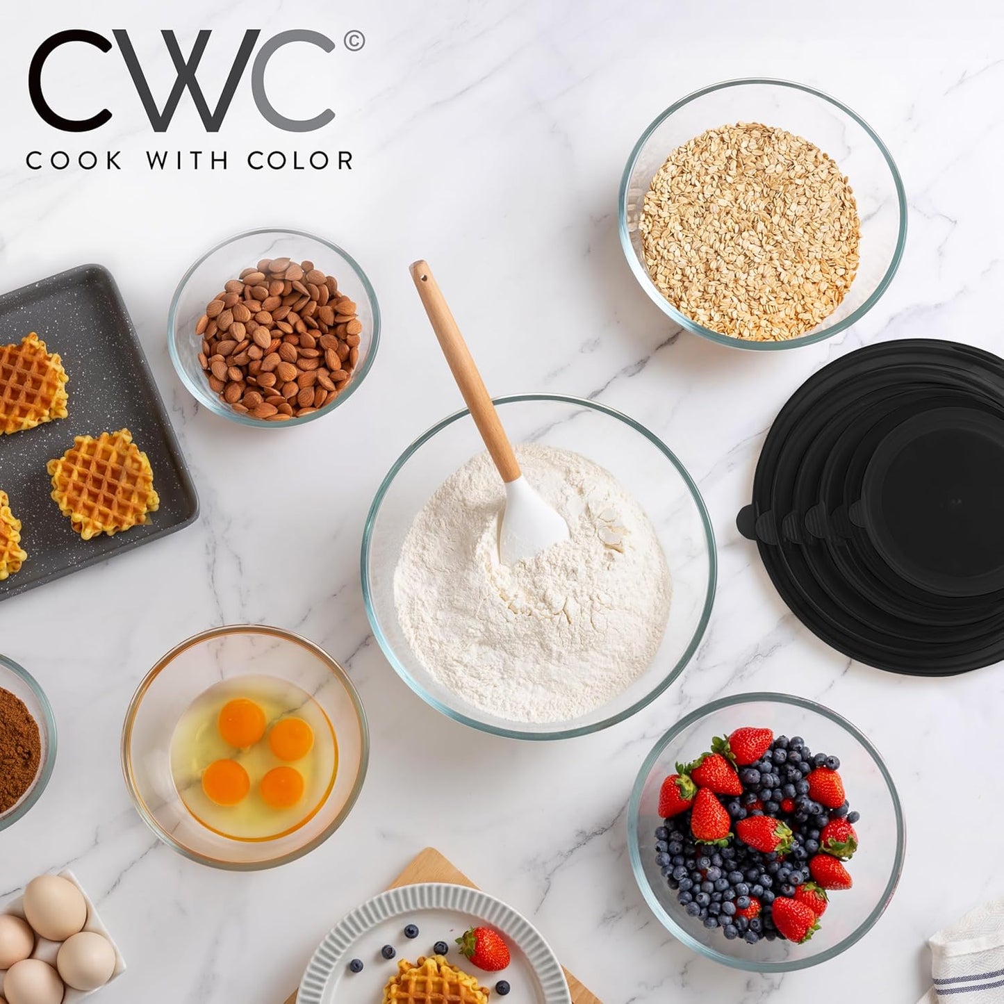 COOK WITH COLOR 12 Pc Glass Mixing Bowl Set with Lids – Borosilicate Glass Nesting Bowls for Cooking, Baking and Meal Prep, Black