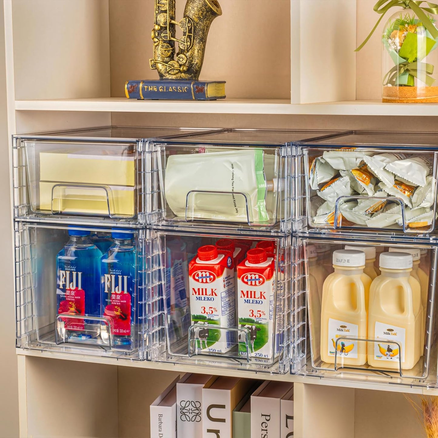 4 Pack Large Stackable Storage Drawers,Clear Acrylic Drawer Organizers with Handles, Easily Assemble for Kitchen Undersink,Bathroom,Cabinet,Makeup,Closet,Pantry,Organization and Storage