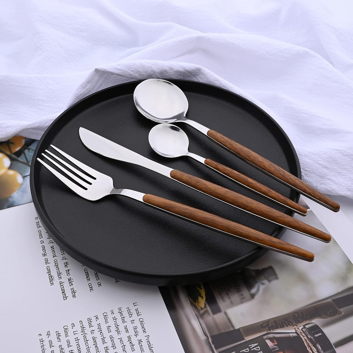 24-Piece Silverware Set for 6, Silver Mirror Polished Stainless Steel Flatware Set, Wooden Effect Handle Utensil Set for Home Hotel Restaurant, Family Cutlery Set Include Knife Fork Spoon