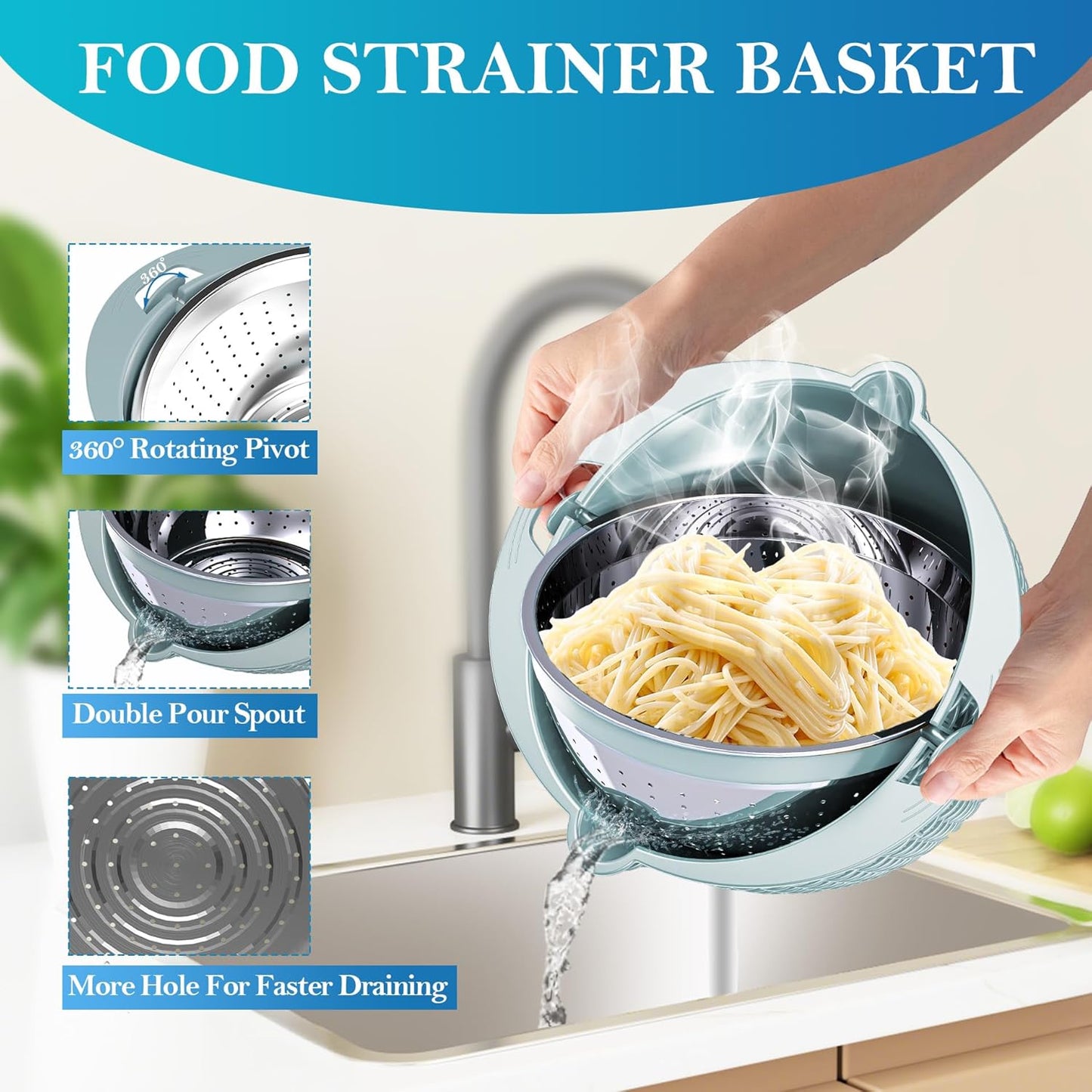 4 in 1 Colander with Mixing Bowl Set, Colander for Kitchen, Strainers and Colanders, Pasta Strainer, Fruit Cleaner, Veggie Wash, Aesthetic Kitchen Essentials - Blue