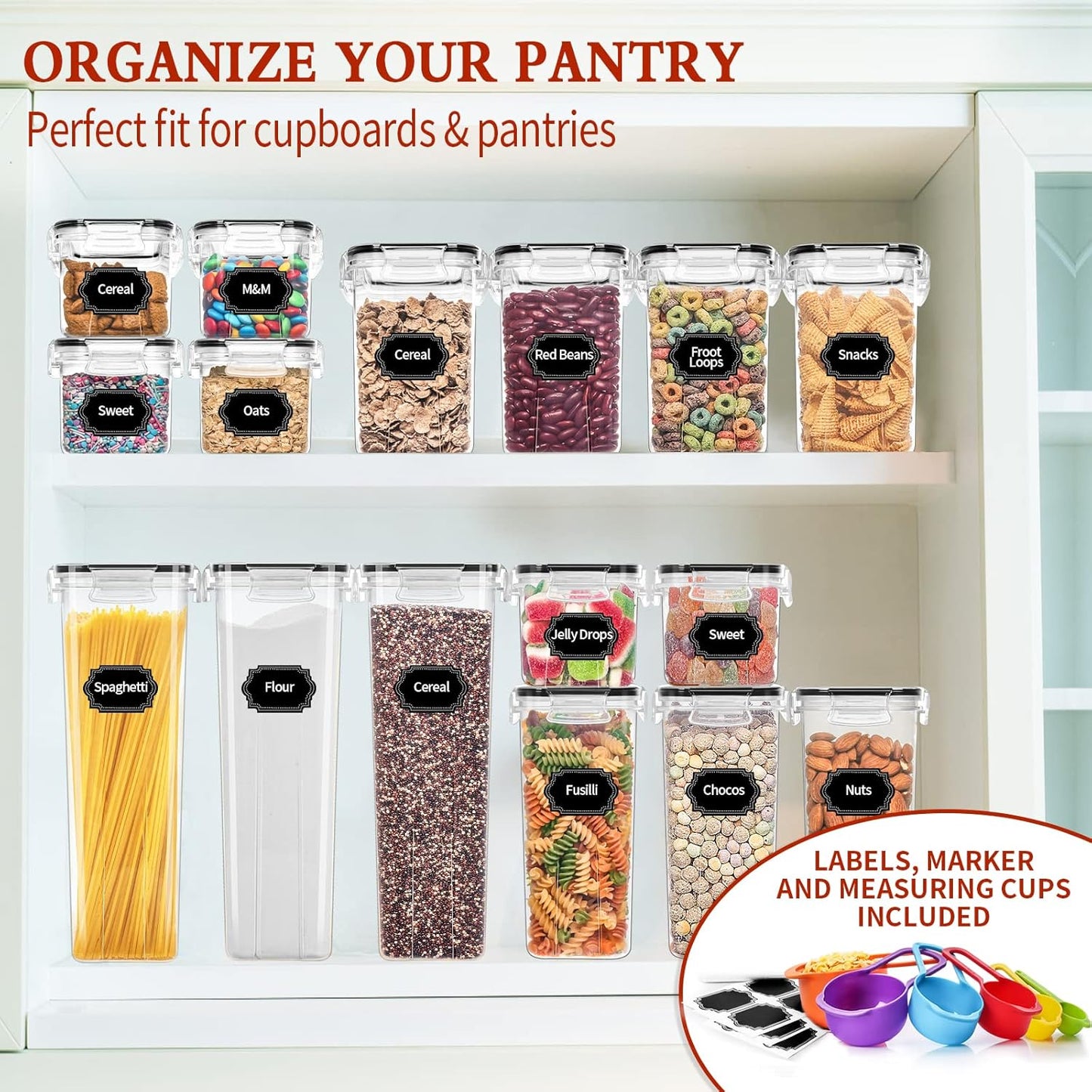 Skroam 24 Pack Airtight Food Storage Containers with Lids for Kitchen Pantry Organizers and storage, Plastic Canister Set for Cereal, Pasta, Flour & Sugar - Spoon Set, Labels & Marker