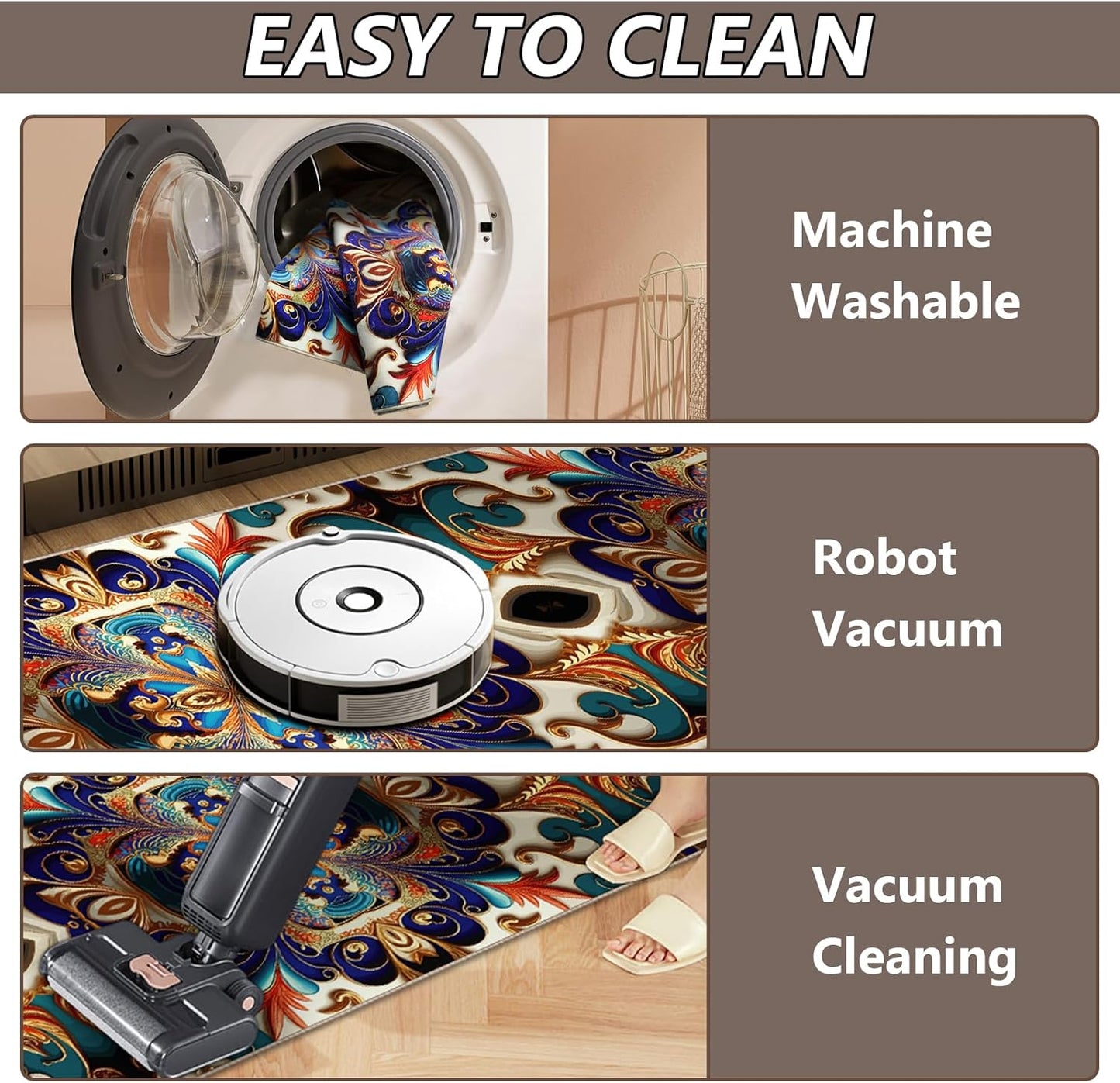 Washable Corridor Runner Rug, Non-Slip Vintage Hallway Rug Runner with Upgrade Rubber Backing, Stain Resistant Faux Wool Distressed Carpet for Bedroom Kitchen Laundry Corridor Balcony (126" x 31.5")