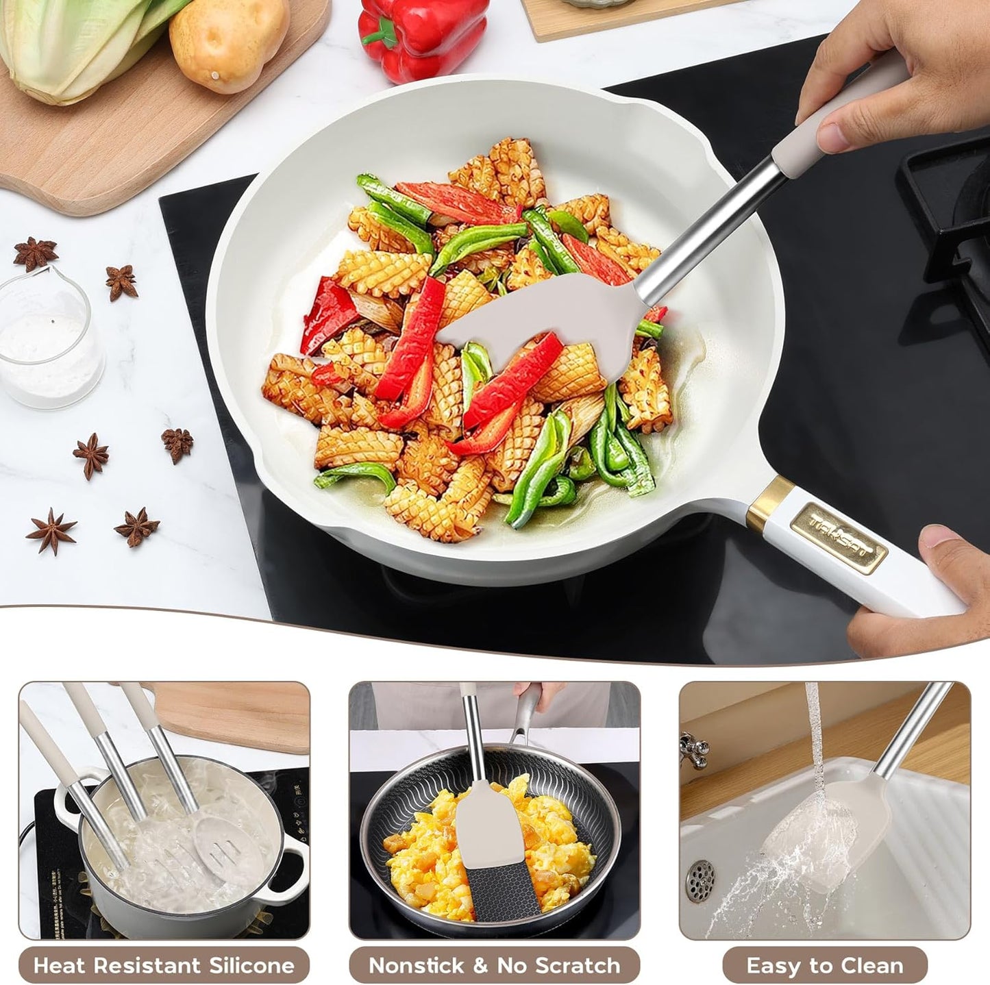 Onader Silicone Cooking Utensils Set of 15, Kitchen Utensils Set with Holder for Nonstick Cookware, 446°F Heat Resistant Stainless Steel Handle - Khaki