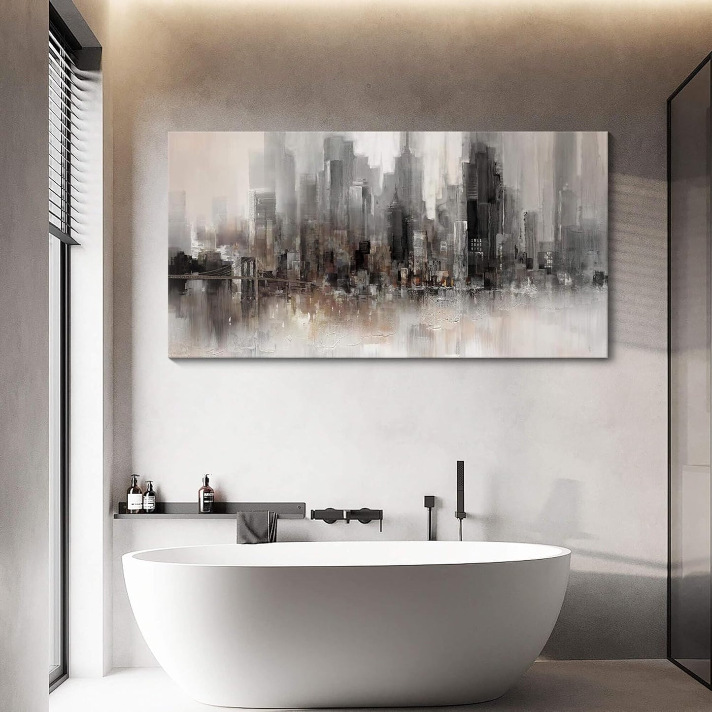 Cityscape Wall Art New York City Skyline Buildings Picture Modern Abstract Grey NYC Skyline Painting Framed Artwork for Bedroom Living Room Bathroom Home Office Decor29×58IN