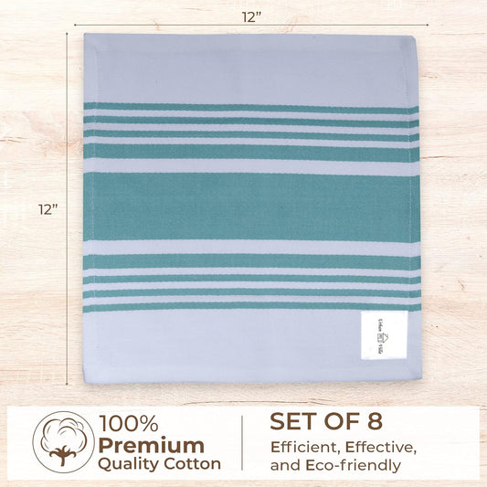 Urban Villa Cotton Dish Cloth Set of 8, Highly Absorbent Super Soft Quick Drying 12x12 Inch Dish Cloths for Kitchen Cleaning & Drying Dishes Mitered Corner Trendy Stripes Kitchen Towels - Aqua/White