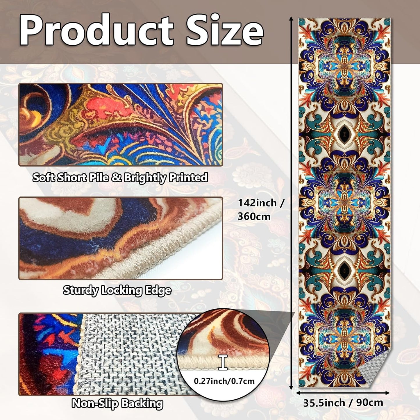 Washable Corridor Runner Rug, Non-Slip Vintage Hallway Rug Runner with Upgrade Rubber Backing, Stain Resistant Faux Wool Distressed Carpet for Bedroom Kitchen Laundry Corridor Balcony (142" x 35.5")