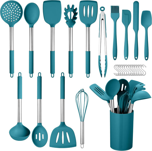 HaWare 29 PCS Silicone Cooking Utensils Set, Heat Resistant Kitchen Utensils Set with Stainless Steel Handle, Spatula Sets with Holder and Hooks, Kitchen Tools Gadgets for Nonstick Cookware -Blue