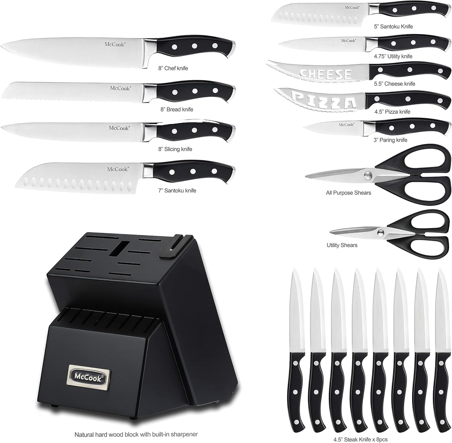 McCook® Black Knife Sets, German Stainless Steel Forged Kitchen Knives Block Set with Built-in Knife Sharpener