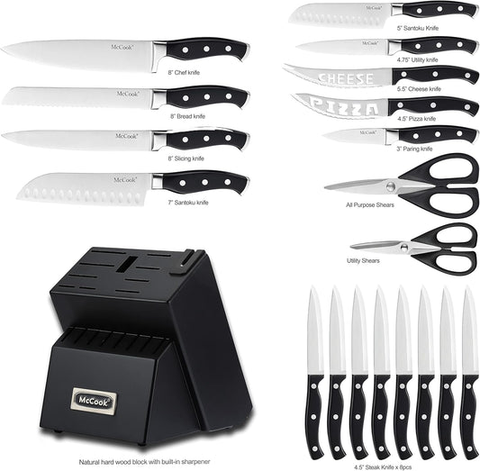 McCook® Black Knife Sets, German Stainless Steel Forged Kitchen Knives Block Set with Built-in Knife Sharpener