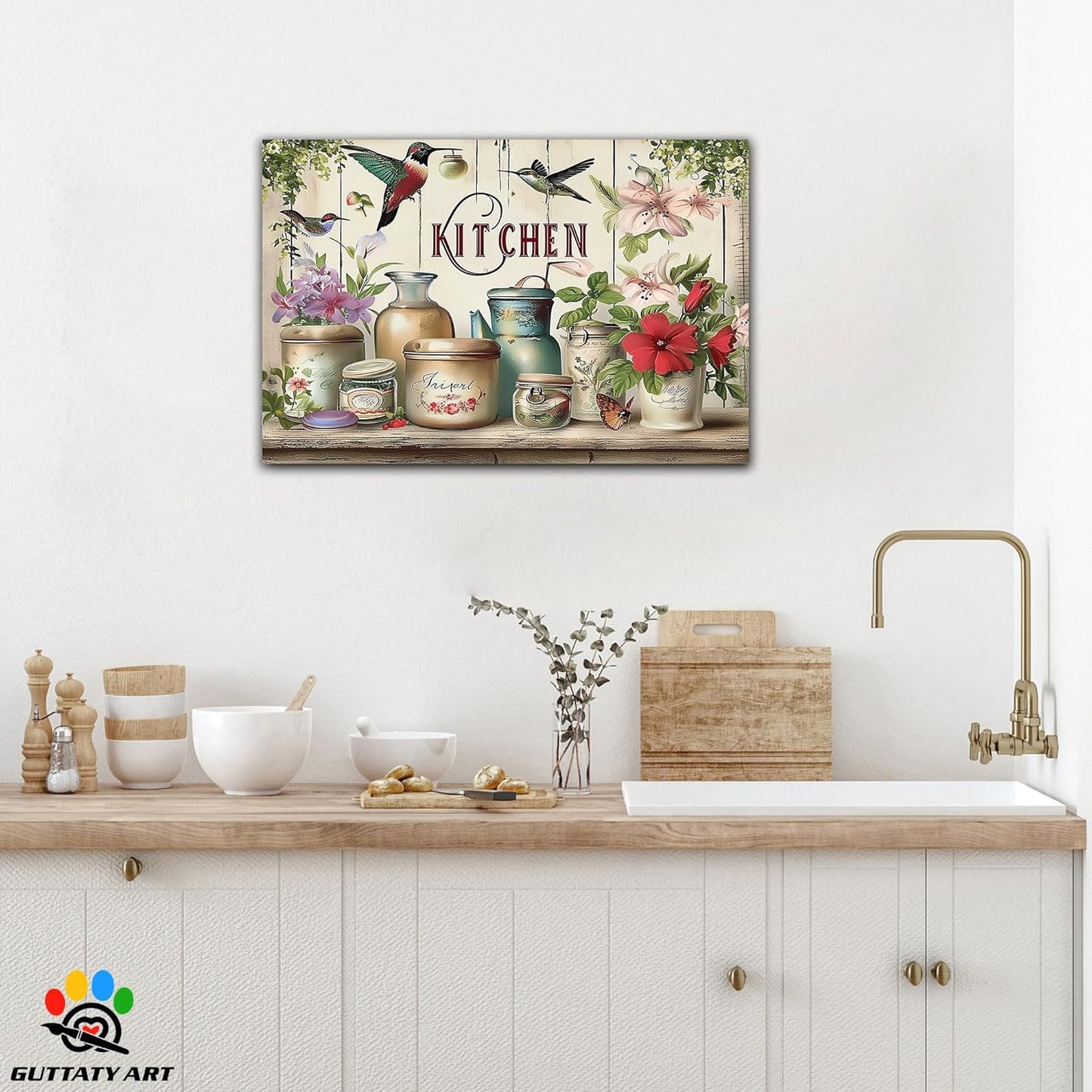 GUTTATY Farmhouse Wall Art Rustic Kitchen Decor, Ready to Hang Kitchen Canvas Print Flowers And Bird,Vintage Posters Prints for Dinning Room Home Kitchen Restaurant Painting 18×24 Inch