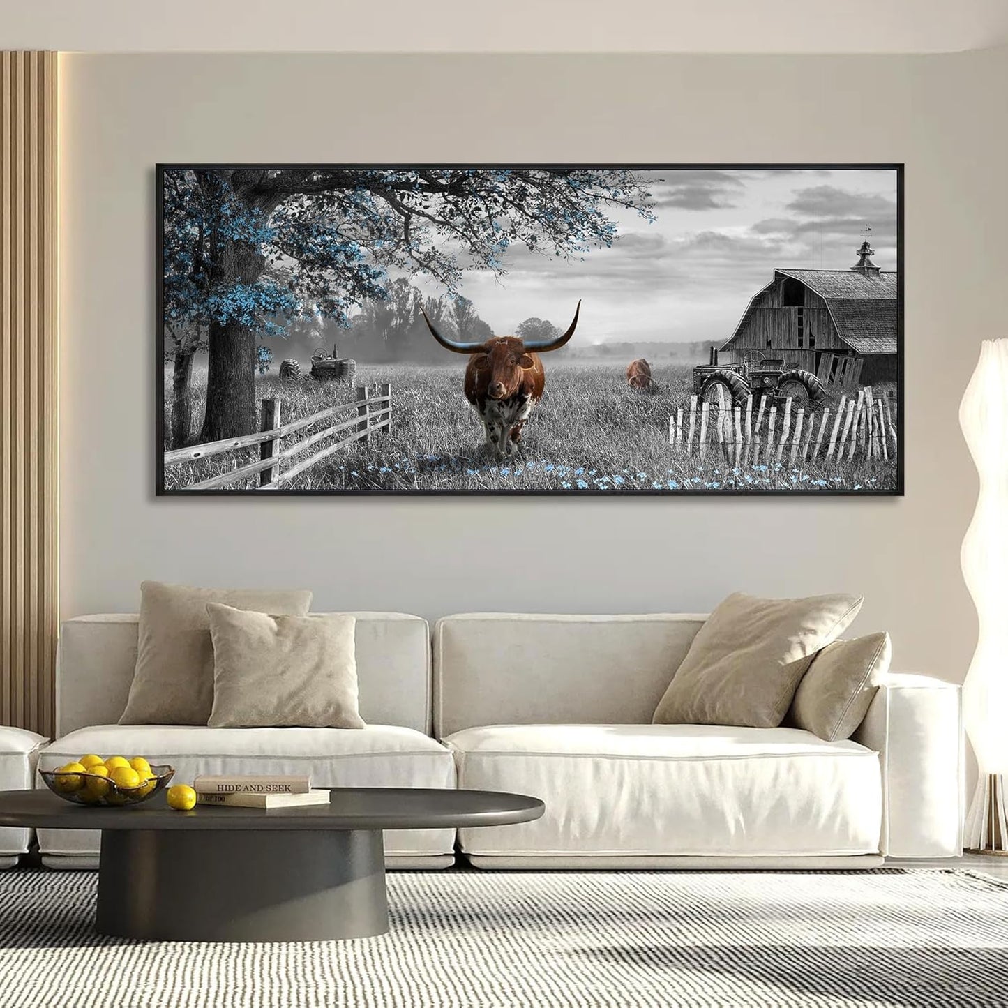 yiijeah Rustic Wall Art - Western Home Decor Cow Picture Extra Large Wall Decr Rustic Longhorn Living Room Bedroom Canvas Framed Artwork Farmhouse Decor