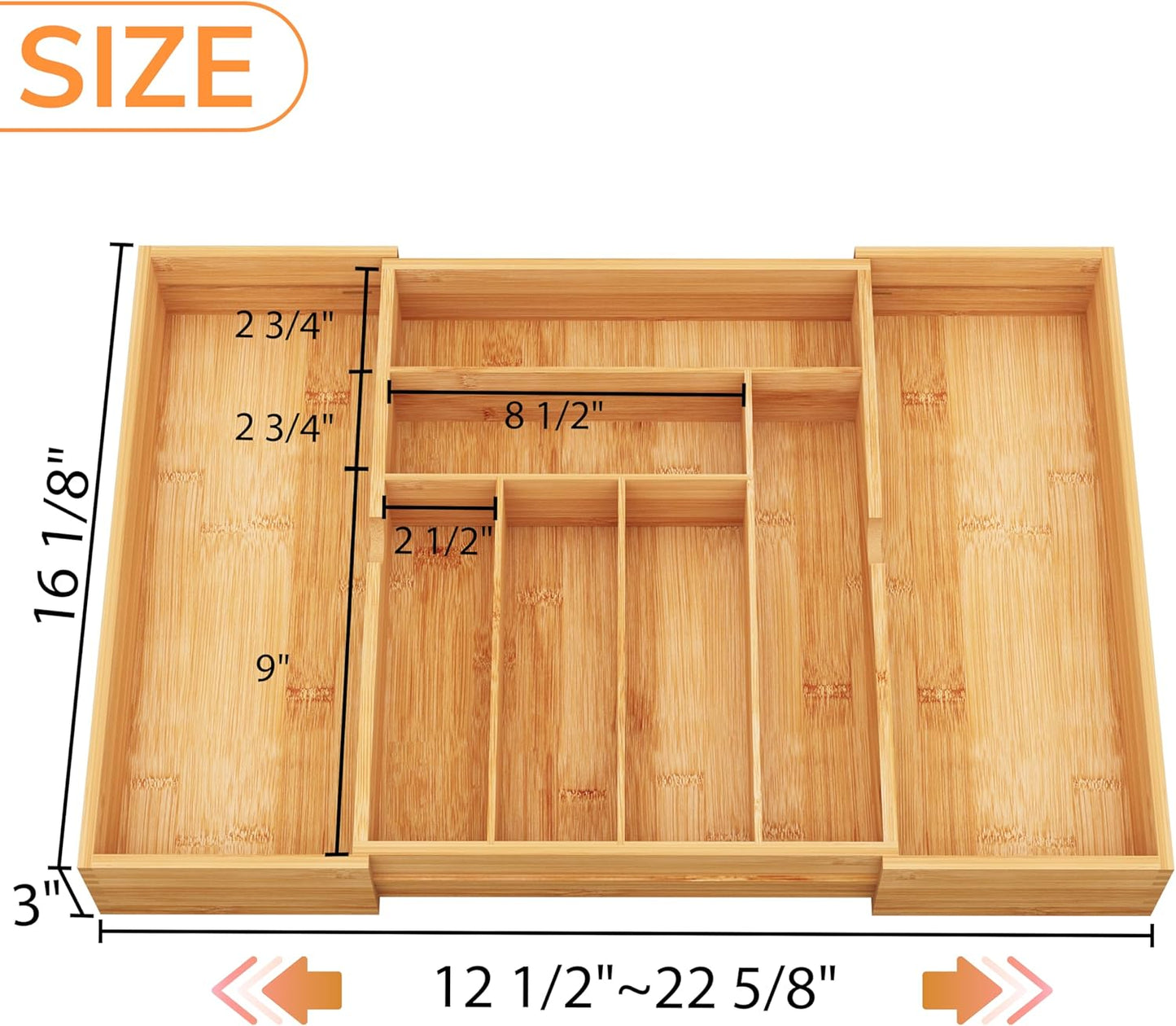 BAMEOS 3" Deepth Expandable Drawer Organizer, Deep Flatware Organizer, Adjustable Silverware Organizer, Bamboo Drawer Organizer for Kitchen, Bathroom (Natural)