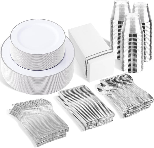 SUT 350 Piece Silver and White Plastic Dinnerware Set for 50 Guests, Disposable Plastic Plates, Include: 50 Dinner Plates, 50 Dessert Plates, 50 Pre Rolled Napkins with Silver Silverware, 50 Cups
