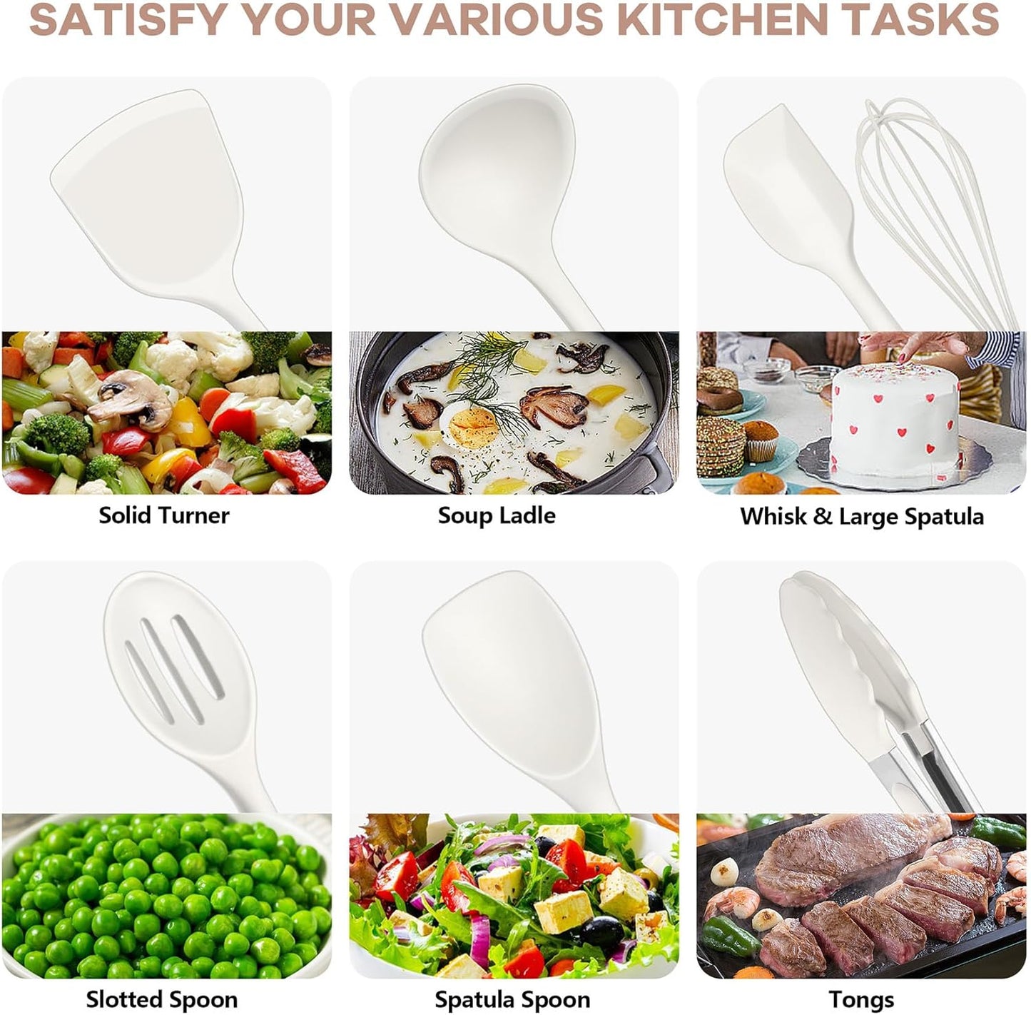 TeamFar Kitchen Cooking Utensils, 10 pcs Silicone Cooking Utensils Set, 446°F Heat Resistant Kitchen Gadgets Tools Set w/Spatula, Turners, Spoons, Soup Ladle, Pasta Server for Nonstick Cookware, White