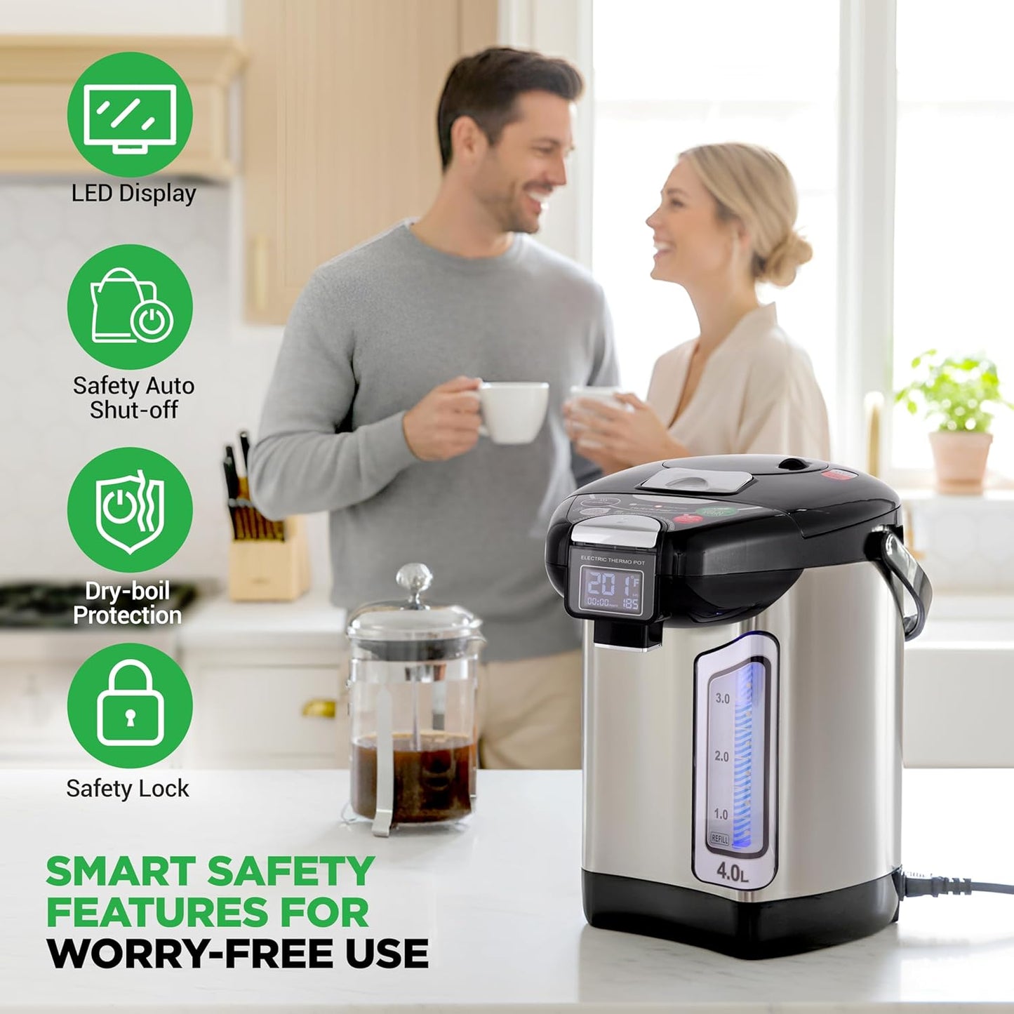 NutriChef Digital Water Boiler and Warmer - 4L/4.23 Qt Stainless Electric Hot Water Dispenser w/ LCD Display, Rotating Base, Keep Warm, Auto Shut Off, Safety Lock, Instant Heating for Coffee & Tea