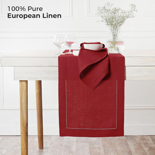 D'Moksha Homes Linen Red Table Runner 120 Inches Long - 100% Pure Linen Hemstitch 14 x 120 Inch Table Runner for Dining, Fall, Autumn and Halloween - Classic Hemstitch
