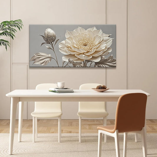 QSQ Canvas Art Wall Decor Print Paintings Silver White Flower Wall Art Prints Painting Pictures Ready To Hang Pictures For Bedroom Bathroom Office Kitchen Home Wall Decor Artwork 20" × 40"