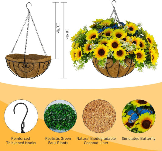 2 Pack Artificial Fake Fall Sunflower Plants Flowers for Outdoor Outside Decoration,12 Bundles Faux Silk Sunflowers UV Resistant Look Real No Fade for Front Door Porch Patio Yard Balcony Autumn Decor