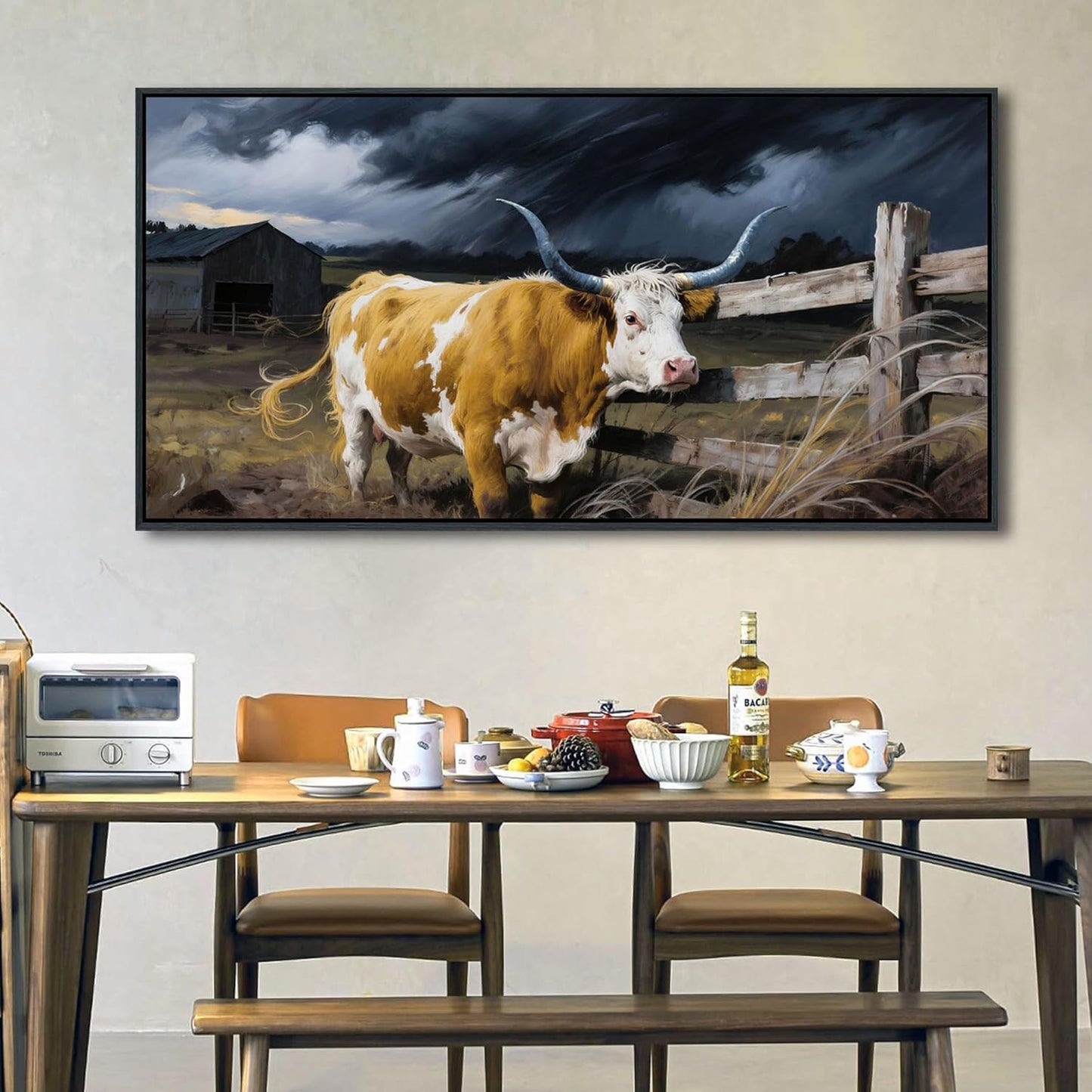Highland Cow Wall Art - Rustic Pictures for Living Room,Framed Country Wall Decor, Vintage Artwork for Walls, Longhorn Cow wall Decor - Large Farmhouse Canvas for Bedroom 24×48IN
