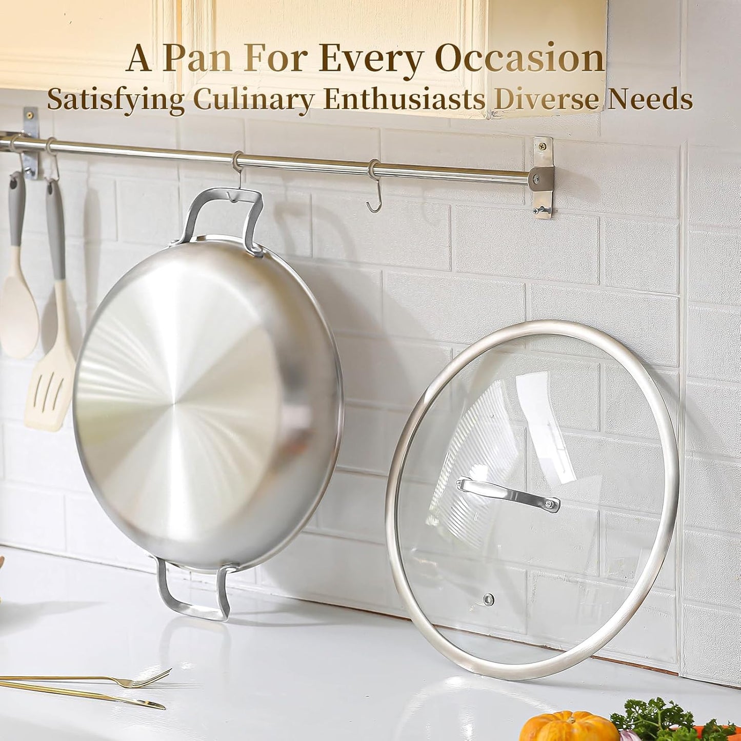 DELARLO Paella Pan 14 Inch Tri-Ply Stainless Steel Paella Pan with Lid, Jumbo Frying Pan, kitchen Induction Large Skillets,Great for Paella Parties Indoors Outdoors,Heavy Duty Style