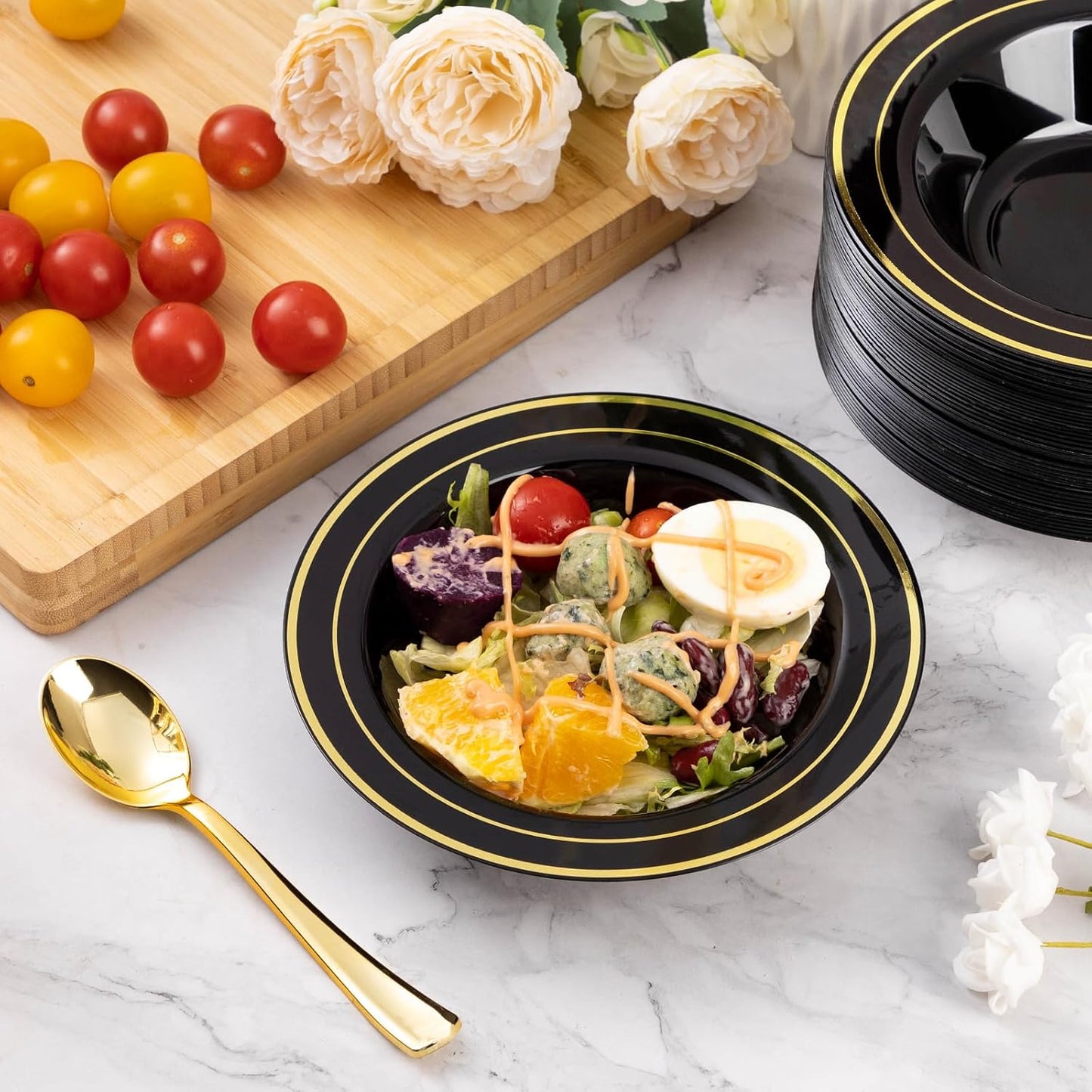 Goodluck 50 Pack Black Plastic Bowls with Gold Rim, 12oz Disposable Soup Bowls, Heavy Duty Dessert Bowls for Weddings, Parties, Dinners, Catering, and New Year