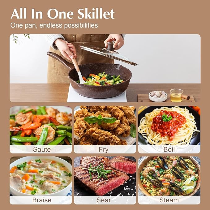 SENSARTE Nonstick Deep Frying Pan Skillet, 12-inch Saute Pan with Lid, Stay-Cool Handle, Healthy Cookware Cooking Pan with Cover, Induction Compatible (Toffee Brown)