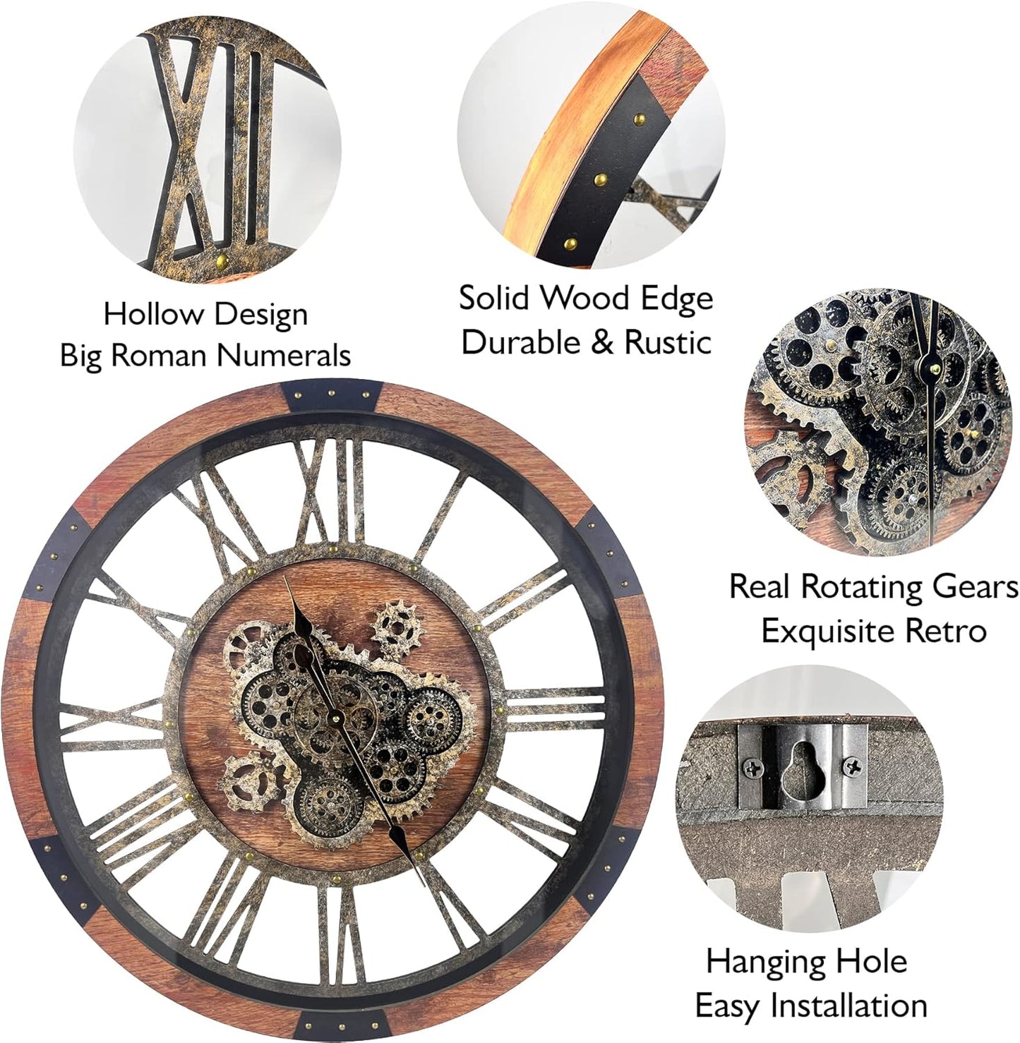 DORBOKER 30" Large Wall Clock Moving Gears,Oversized Industrial Rustic Farmhouse Clocks for Living Room Decor Office Home, Solid Wood Retro Metal HD Tempered Glass Cover, Brown and Vintage Bronze