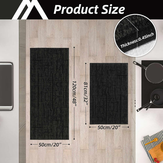 COSY HOMEER Kitchen Rugs 20"x32"+20"x48" Absorbent Soft Kitchen Mats for Floor Non Slip Kitchen Runner Rug Polyester Washable Kitchen Floor Mats for Sink Mat,Hallway,Laundry,Black