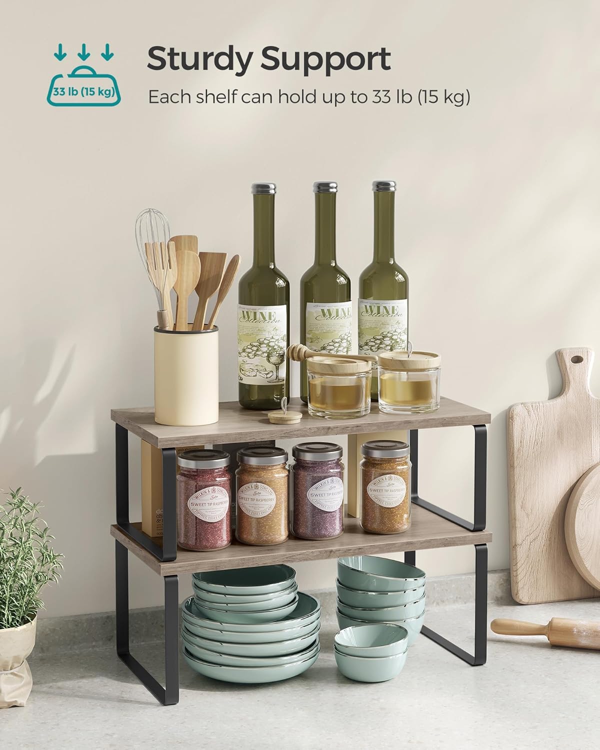 SONGMICS Cabinet Organizer Shelf, Set of 4 Kitchen Counter Shelves, Kitchen Storage, Spice Rack, Stackable, Expandable, Metal and Engineered Wood, Ink Black and Heather Greige UKCS022X02