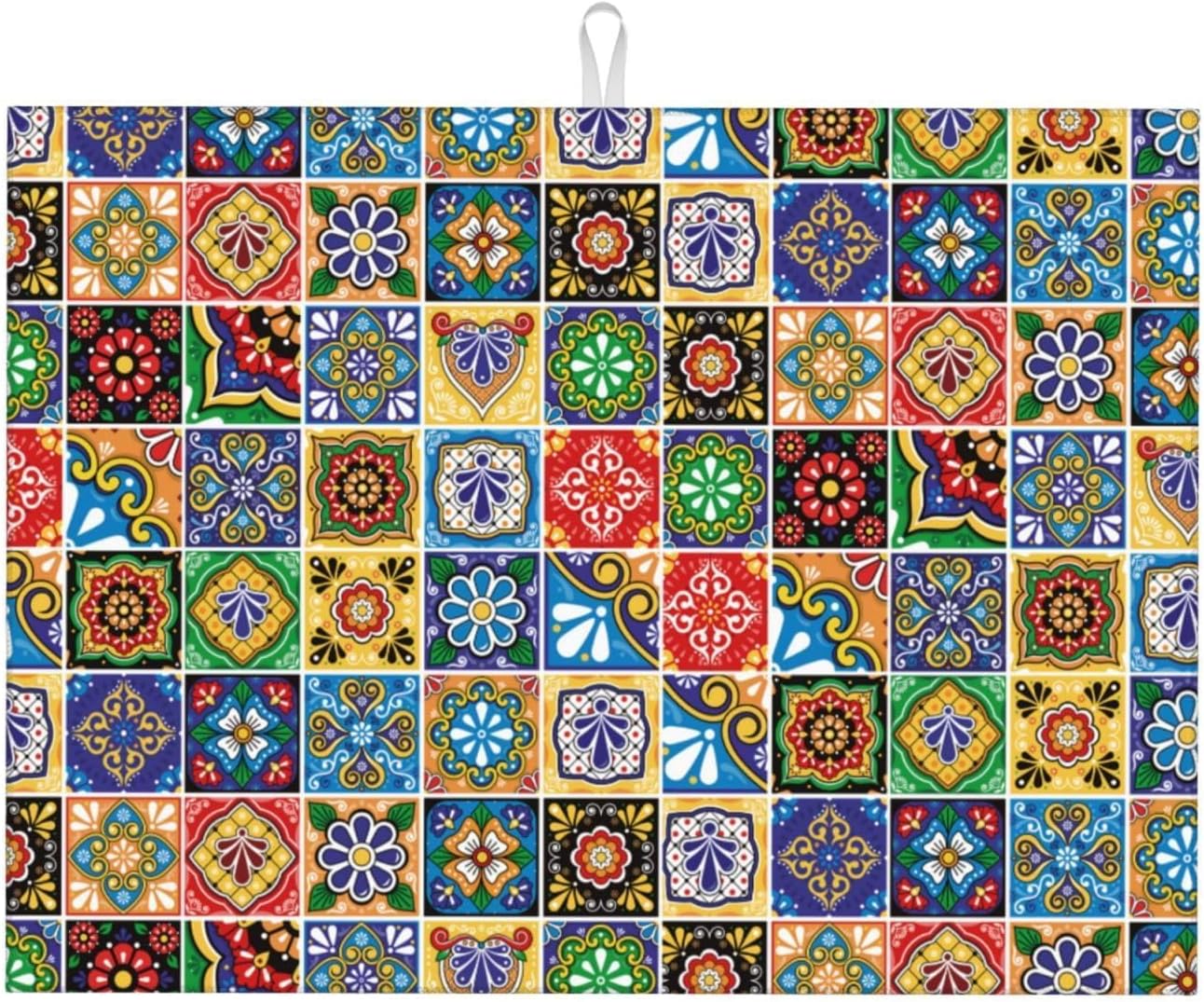 Mexican Talavera Tile Microfiber Dish Drying Mats, Colorful Absorbent Kitchen Mat for Dishes & Counter, 18 x 24 Inch Washable Foldable Reuasble, Kitchen Home Decor, Holiday Festival Housewarming Gift