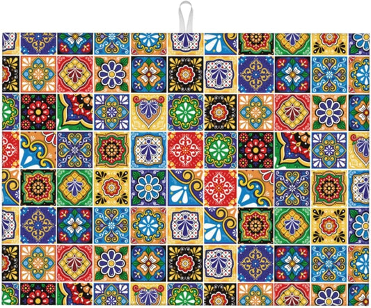 Mexican Talavera Tile Microfiber Dish Drying Mats, Colorful Absorbent Kitchen Mat for Dishes & Counter, 18 x 24 Inch Washable Foldable Reuasble, Kitchen Home Decor, Holiday Festival Housewarming Gift