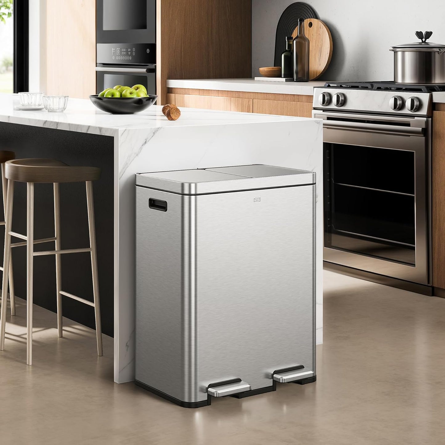 EKO Edison Dual Trash Can for Recycling and Trash, 8+8 Gallons Kitchen Garbage Can with Dual Removable Inner Liners, Independent Lids and Pedals, Matte Stainless Steel