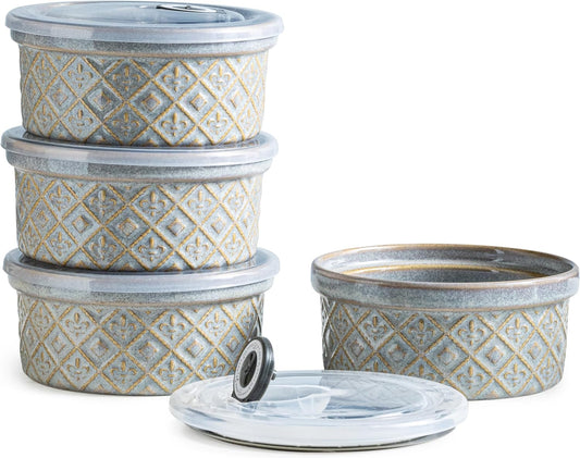 Large Ceramic Mixing Bowls with Lids Set of 4, 40 oz Salad Bowls for Kitchen Food Storage, Airtight Serving Bowls for Meal Prep, Cereal, Leftovers, Office Lunch, and Camping, Grey