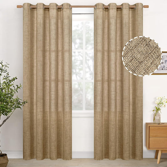 YoungsTex Burlap Linen Curtains 80 Inch Length for Living Room, Light Filtering Drapes Semi Sheer with Bronze Grommet Textured for Bedroom Dining Room Farmhouse Country, Toffee, 52 x 80 Inch, 2 Panels