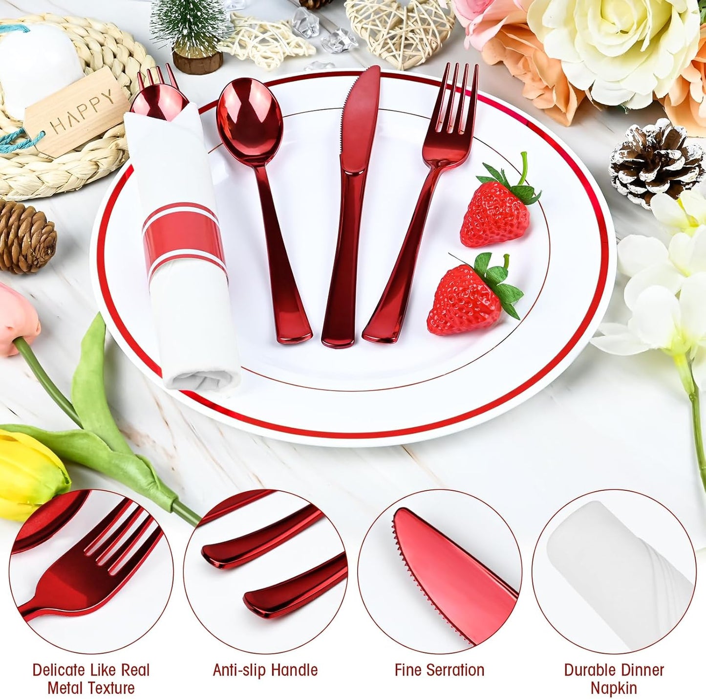 30Pack Red Pre Rolled Plastic Silverware - Wrapped Red Disposable Cutlery with Napkins, Heavy Duty Rolled Silverware Set, Disposable Plastic Utensils with Dinner Napkins for Valentine's Day