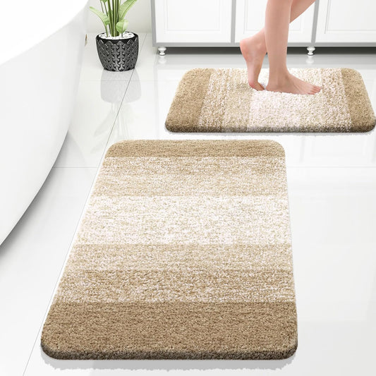 OLANLY Bathroom Rug Set 2 Piece, Soft Absorbent Microfiber Bath Rug Set, Non-Slip, Machine Wash Dry, Plush Shaggy Bath Mats for Bathroom (30"x20"+24"x16", Tan)