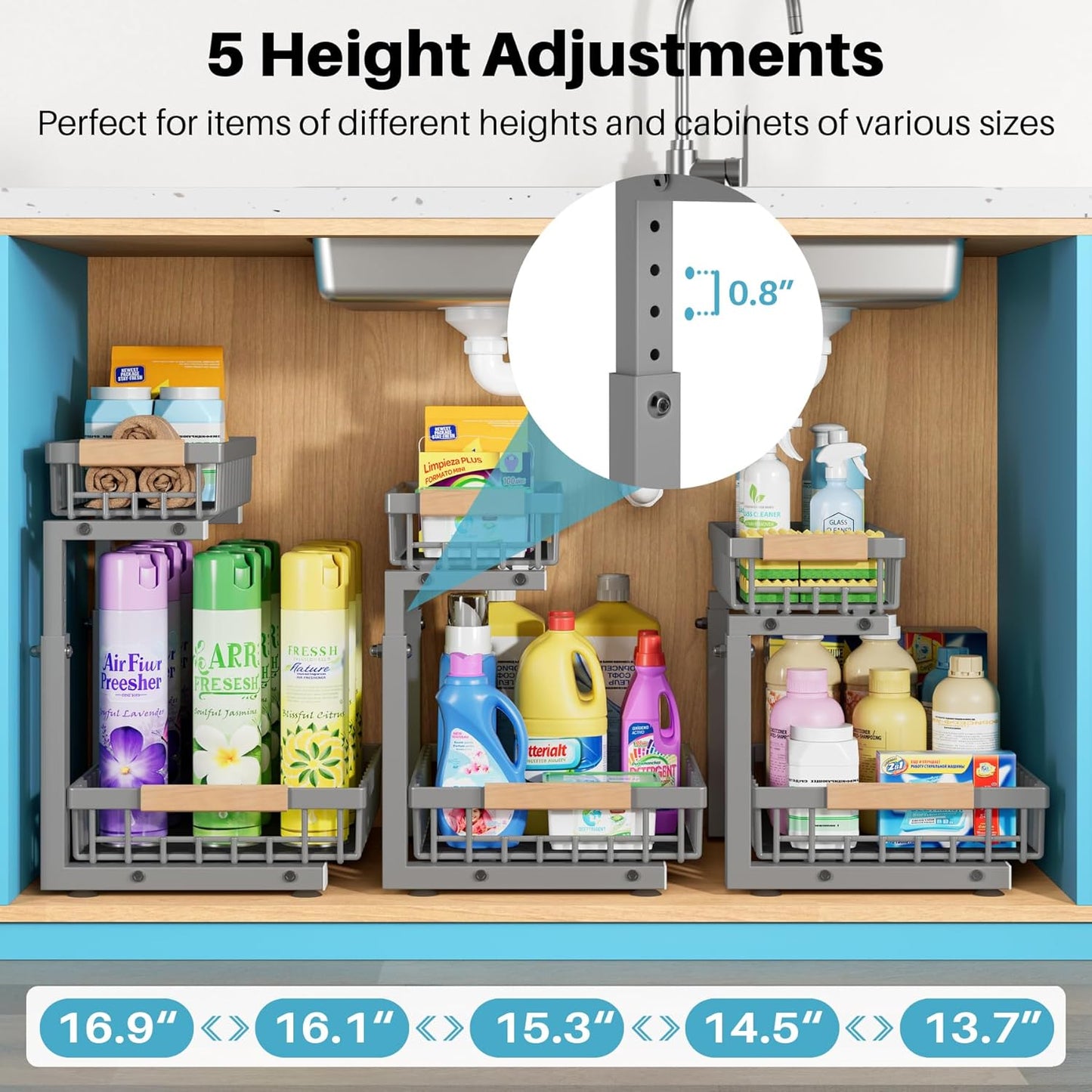 Under Sink Organizer, 2 Packs 2 Tier Gray Under Sink Organizers and Storage, Slide Out Pull Out Cabinet Organizer Shelf, Metal Sliding Drawer for Kitchen Bathroom Cabinet Organization Rack