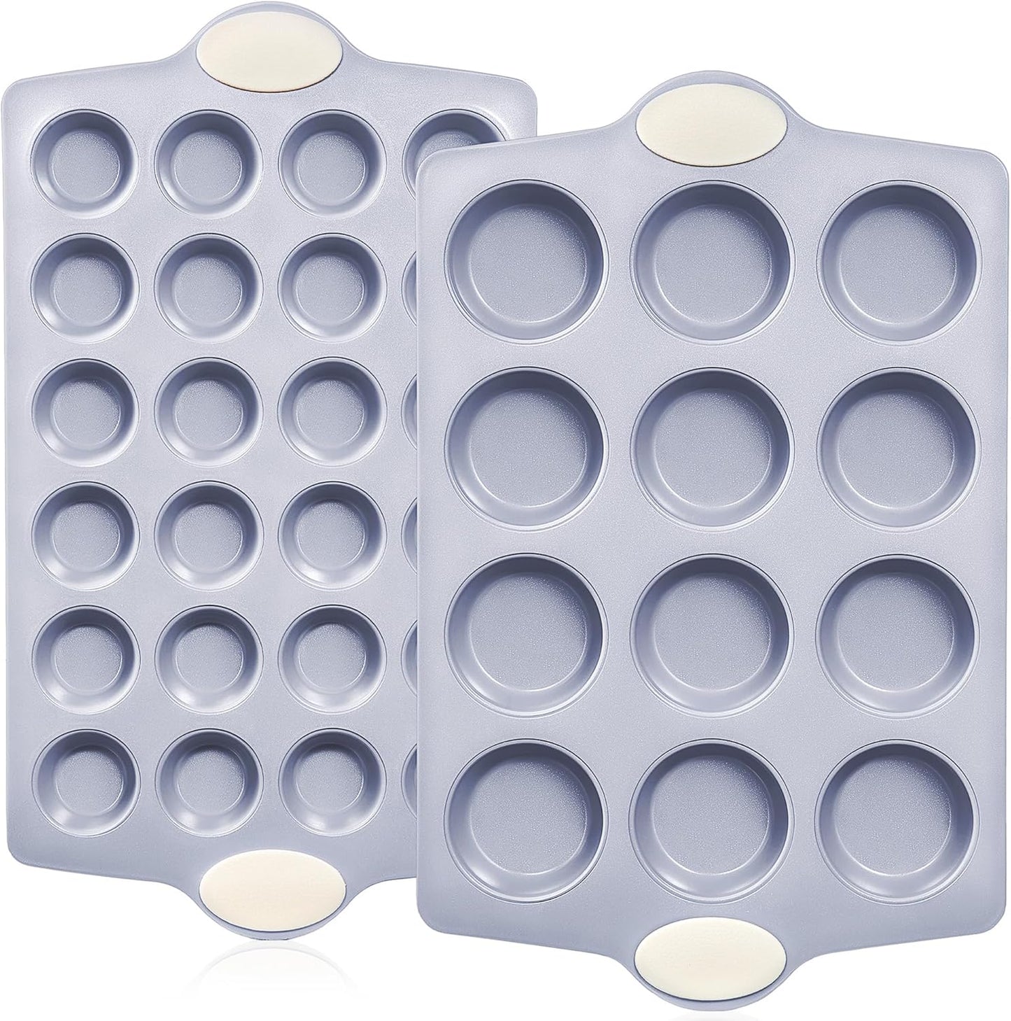 BRONYPRO Ceramic Muffin Pan, 12-Cup and 24-Cup Nonstick Aluminized Steel Mini Cupcake Pans, Healthy Non-Toxic Ceramic Coating Muffin Tin, 2 Pack Cup Cake Pans for Baking Cream