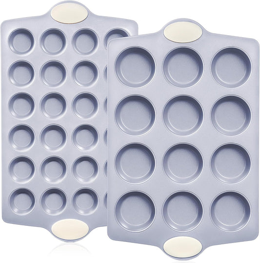 BRONYPRO Ceramic Muffin Pan, 12-Cup and 24-Cup Nonstick Aluminized Steel Mini Cupcake Pans, Healthy Non-Toxic Ceramic Coating Muffin Tin, 2 Pack Cup Cake Pans for Baking Cream