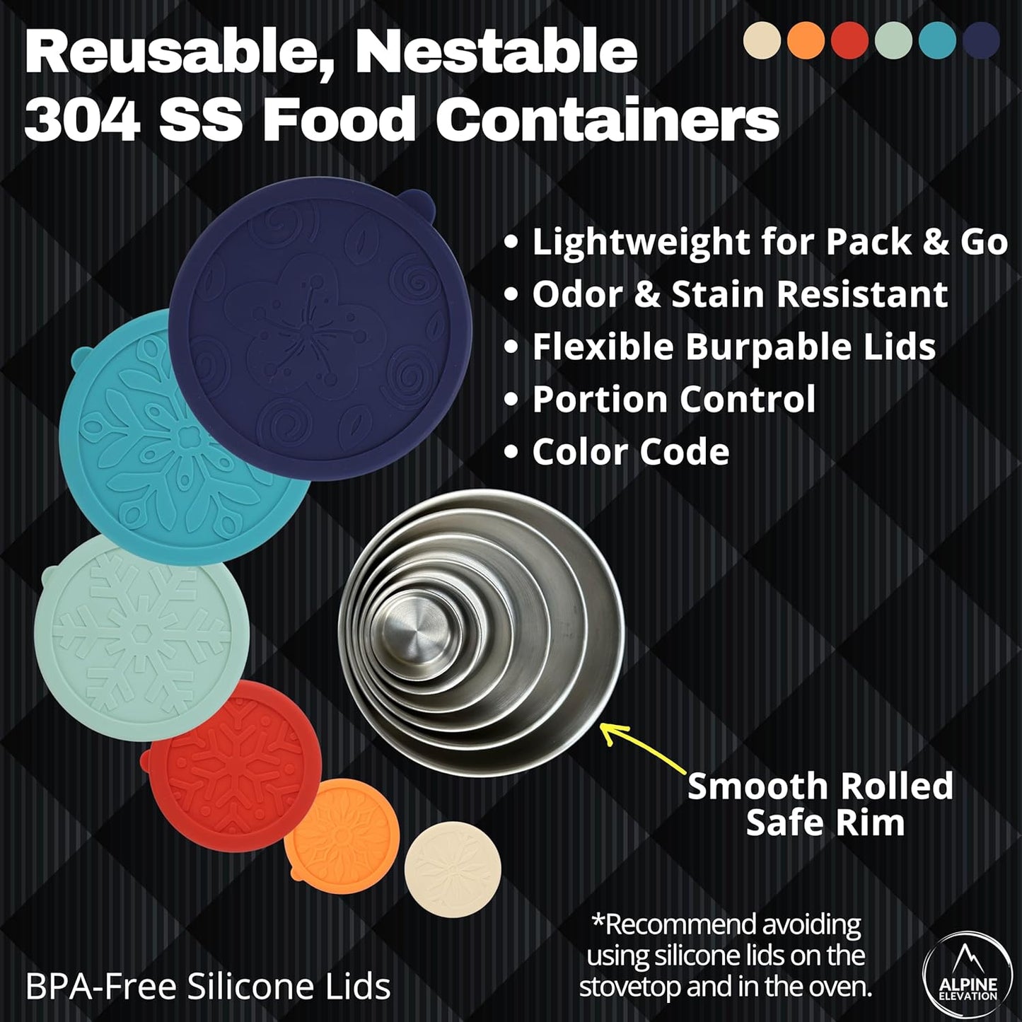 12 Pcs - 6 Stainless Steel Containers + 6 Silicone Lids | 304 Stainless Steel Snack Container | Nesting Snack and Dip Containers | Metal Food Storage