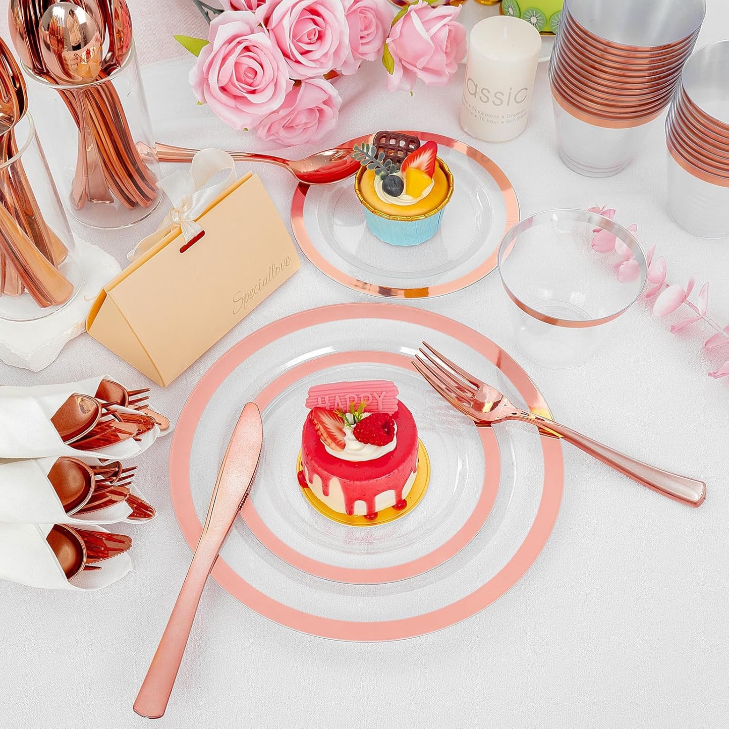 Liacere 350PCS Rose Gold Plastic Plates - Clear with Rose Gold Rim for 50Guests Dinnerware - Include 100 Plates disposable 150 PCS Silverware 50 Napkins for Wedding＆Party