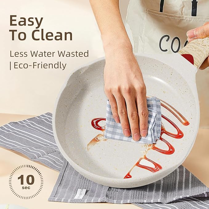 Caannasweis Nonstick Granite Frying Pan Skillet, Non Stick Omelette Fry Pans, Omelet Egg Pan, Stone Cookware Chef's Pan, Induction Compatible, PFOA Free (Beige, 3 Pcs)