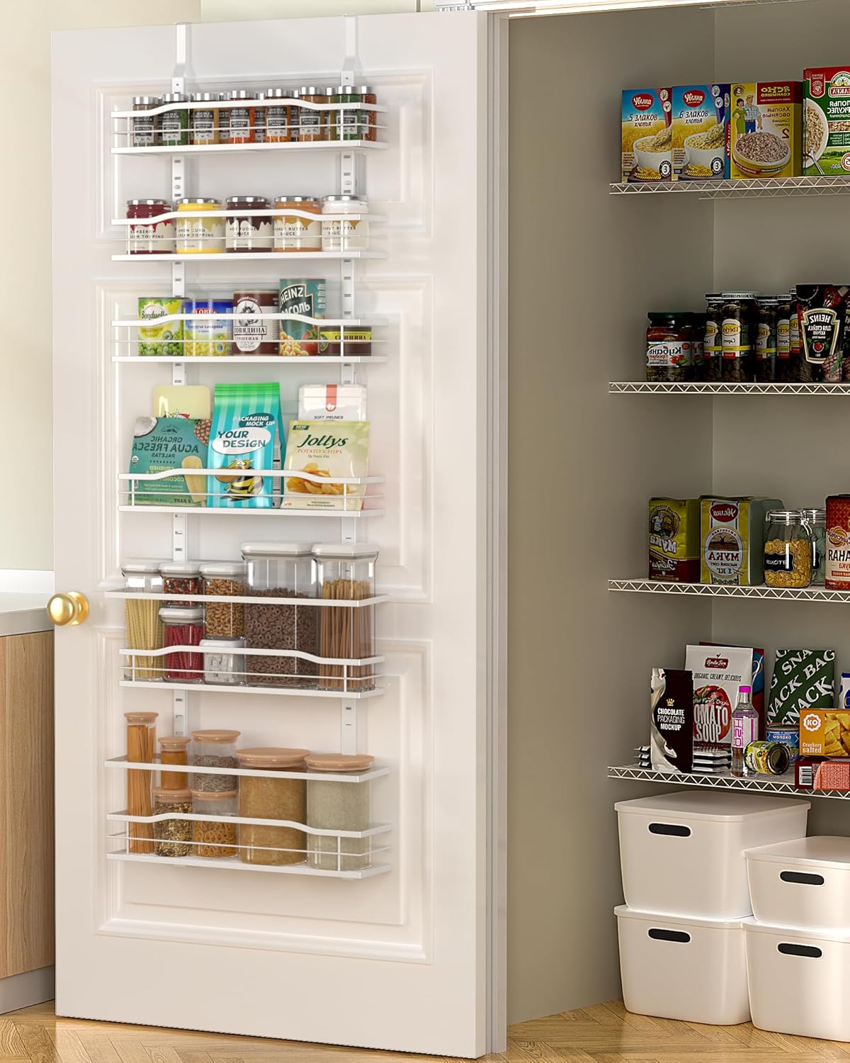 Moforoco White 6-Tier Over Door Pantry Organizer, Pantry Organization Storage, Door Metal Hanging Spice Rack Basket Shelves, Home Kitchen Apartment Essentials, Laundry Room Bathroom Organization
